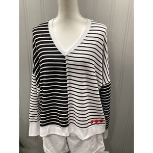 JANE + DELANCEY Black White Striped V Neck Long Sleeve Top Size L